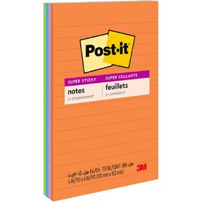 Post-it Super Sticky Lined Notes, 4 Sticky Note Pads, 4 x 6 in., School Supplies, Office Products, Sticky Notes for Vertical Surfaces, Monitors, Walls and Windows, Energy Boost Collection