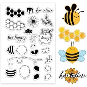 PH PandaHall Honey Bee Clear Stamps Honeycomb Silicone Stamp Seals Bee Happy Flowers Rubber Stamps Bee Elements Transparent Stamps for Photo Album Journal DIY Scrapbooking 6.3x4.3 inches