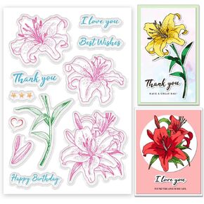 INFUNLY Lily Flower Clear Stamps for Card Making Colorful Floral Clear Stamps 6.3×4.3" Spring Flowers Happy Birthday Word Clear Seals Stamp for DIY Scrapbooking Photo Album Journal Home Decoration