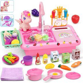 Deao Play Kitchen Sink Toys ، Kids Electric Gashwasher Play بالوعة مع الماء الجاري ، وملحقات المطبخ ، وصندوق حقيقي للعب المائي ، واللعب المتظاهر للأطفال الصغار 3+، والوردي