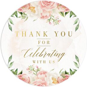 Mobiusea Creation Pink Floral Wedding شكرًا لك على ملصقات شكرًا لك على الاحتفال مع الملصقات الأمريكية | 2 بوصة | رقائق الذهب | 60pcs ملصقات مصلحة للماء لحفل الزفاف ، دش الزفاف ، دش الطفل