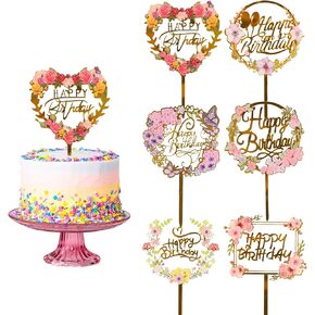 Lokipa 6pcs أعياد عيد ميلاد سعيد ، زهرة أكريليك كب كيك كعكة الذهب الكعكة الذهب لزخارف الذكرى السنوية لحفل عيد الميلاد