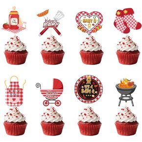 Gameza BBQ Dust Dufk Decorations - 40pcs Baby Q Baby Shower Decorations Cupcake Cupcake Cupcake تختار كعكة ديكور شواء النزهة تحت عنوان الحفل
