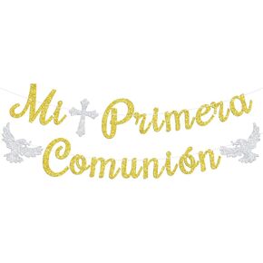 Mi Primera Comunion Banner ، الإسبانية الأولى بالتواصل المقدس ، عيد ميلاد ديني الأول ، تعميد معمودية زخارف الحفلات ، اللوازم ، بريق الذهب