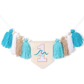 The Big One One Surf 1st Birthday High Chair Banner - Wave Big One -One -Scheair Banner ، وتصفح عيد ميلاد الأمواج الأول للأولاد ، و Wave First Birthday Tassel Garland ، Blue