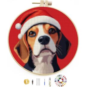 Merry Christmas Beagle Dog DIY Stamped Cross Stitch Kits Easy for Beginners with Hoop 11CT Counted Embroidery Needlepoint Crafts Arts for Handmade Enthusiasts and Home Decor 30x30cm(3)