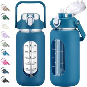 kytffu 64oz Glass Water Bottles with Straw, Half Gallon Motivational Glass Bottle with Silicone Sleeve and Time Marker, 2L Leakproof Large Glass Water Jug for Gym Home Office,olive