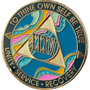 36 Year AA Medallion Elegant Marble Tahiti Teal Blue and Pink Gold Plated Chip