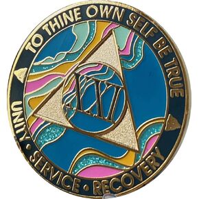 21 Year AA Medallion Elegant Marble Tahiti Teal Blue and Pink Gold Plated Chip