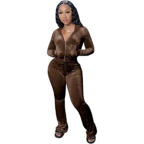 Womens 2 Piece Velour Hoodie Jogger Tracksuit Two Piece Outfits for Women, Long Sleeve Full-Zip Up Velvet Crop Tops Jacket Flared Pants Fall Lounge Matching Sets Sportswear Jogging Sweatsuit Pockets