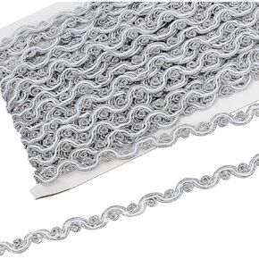 Fingerinspire 21.3 ياردة الفضة S Pattern Wave Pattern Minester Polyester Lace Ribbon 3/8 Inch Wide Bling Silver Metallic Gimp Braf