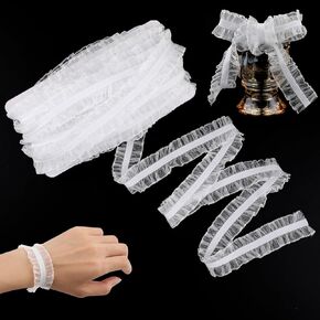 11 Yard/10m White Fabric Nylon Elastic Ruffle Lace Trim Double Ruffle Lace Ribbon 1.1 inch/28mm for Clothes Sewing Embellishment Dress Gift Wrapping