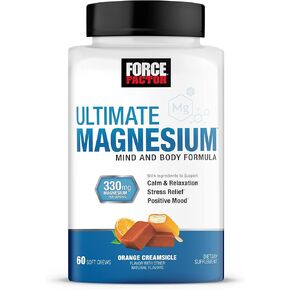 Force Factor Ultimate Magnesium Supplement, Magnesium for Sleep, Stress Relief, Calm, and Relaxation, Magnesium Chewable, Vegan, Gluten Free, & Non-GMO, Orange Creamsicle Flavor, 60 Soft Chews