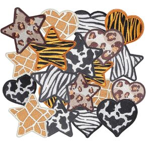 20PCS Animal Print Heart Star Iron on Patches Set, Zibra Cow Tiger Leopard Giraffe Embroidered Repair Patches for Clothes, Custom Applique for Hats, Jeans, Jackets, Backpacks, Dress, Shoes