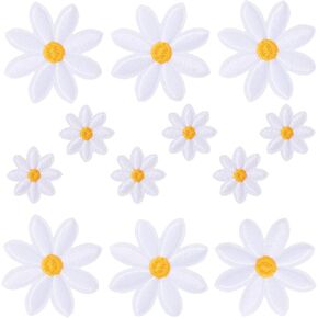 12pcs Daisy Flower Iron on Patches, 2 Sizes Small Daisy Floral Patches for Clothes, Cute Vivid Embroidered Applique Sew on Patch for Jeans, Bags - White