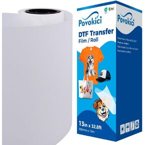 DTF Transfer Film Roll 13in x 328ft Glossy Clear Warm Peel PreTreat PET Heat Transfer Paper Premium Roll-Single Sided for Printing on T-Shirt Textile