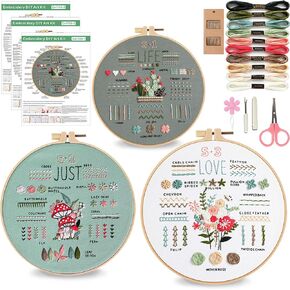 Consss 3 مجموعة مجموعة تطريز المبتدئين للبالغين ، هدايا لمجموعة Mom Diy Cross Stitch للمبتدئين مع تعليمات سهلة المتابعة ، ونمط التطريز المختوم الأزهار ، خيط التطريز