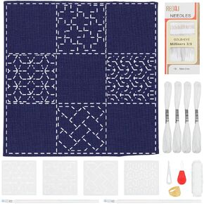 WEBEEDY DIY Sashiko Kit with Traditional Japanese Sashiko Pattern Template Navy Blue Fabric Embroidery Stitching Sashiko Placemat Table Mats Needlework with Instructions for Home Dining Table Decor
