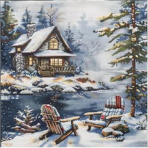 Xinpinzhou 11ct Cross Stitch Kits, 11 CT Funny Pre Printed Counted Stamped Cross Stitch Embroidery Needlepoint Patterns Kits for Beginners Adults Cottage in Snow Landscape Crossstitch