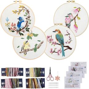 Embroidery Kit for Beginners 4 Sets, Hand DIY Cross Stitch Kits Include 4 Pack Floral and Hummingbird Patterns, 4 pcs Embroidery Hoops, Color Needles Threads and Instructions for Sewing Beginners