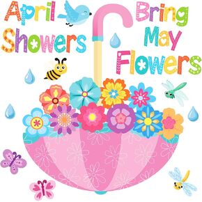 Spring Bulletin Board Decorations, Flowers Classroom Bulletin Board Decorations Set, April Showers Bring May Flowers Bulletin Board Decor for Classroom Office School Home(Umbrella)