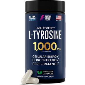 L Tyrosine 1000MG Capsules - All-Natural L- Tyrosine Supplement for Focus & Energy Boost - Non-GMO & Gluten-Free - Vegan 150 Caps -500mg x 2 per Serving