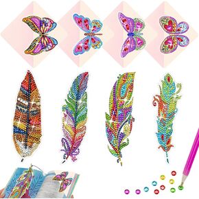 8 PCS Paricms Paints Lainks ، DIY Feather Diamond Art Lundmarks لمحبي الكتب ، زاوية الفراشة الماس المرجعية مجموعات مرجعية