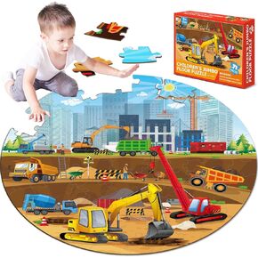 Construction Jumbo Floor Puzzle for Kids Birthday Day Gifts 71Pcs Construction Vehicle Large Round Floor Puzzles for Kids Party Supplies Construction Truck Cars Educational Toys for Boys 22.8 inch