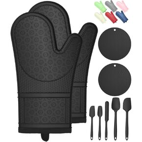 Silicone Oven Mitts with Heat-Resistant Hot Pads and Five Spatulas Set Designed for Kitchen Baking Cooking, Oven Glove Soft Cotton Lining, Waterproof, BPA-Free (Black, 12.6)