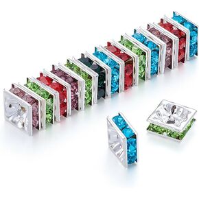 KISSITTY 100Pcs Mixed Colors Rhinestone Spacers 6x6mm Brass Silver Plated Color Square Charm Beads for DIY Jewelry Making