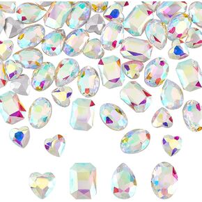 Fingerinspire 64 pcs 4 أشكال مدببة خلفية الراين الزجاجية أحجار الراين الأحجار الكريمة AB ألوان مستطيل/دمعة/قلب/مجوهرات بيضاوية.