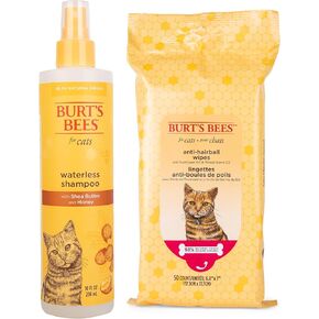 حزمة Burt's Bees for Pets Cats Grooming: شامبو القط بدون ماء مع التفاح والعسل ، المكونات المشتقة بشكل طبيعي ، مناديل تقليل 10 أوقية وكرات الشعر ، 50CT