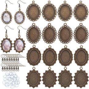 PH PandaHall 40pcs 4 Styles Earring Pendant Tray Bezels Oval Earring Cabochon Settings, 40pcs Clear Glass Cabochons and 40pcs Brass Earring Wire Hooks for Women Earring Jewelry Making, Antique Bronze