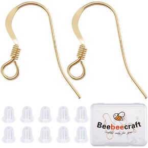 Beebeecraft 1 Box 6pcs مسطحة القرط - السنانير 14K من النحاس المملوءة بالذهب المملوءة بالمرات الخطافات الفرنسية مع لفائف و 10 ٪ من صواميل الأذن البلاستيكية لصنع المجوهر