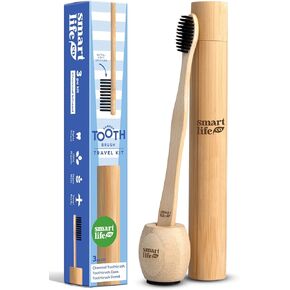 Bamboo Charcoal Toothbrushes (4 Pack) with Travel Case & Stand - Extra Soft Bristles for Adults & Kids Teeth | Zero Waste Travel Toothbrush Kit | Natural Eco-Friendly Wooden Brush Holder Cover