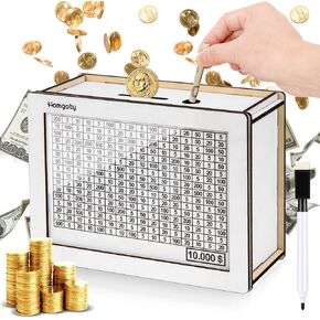 Wooden Money Box Bank ، صندوق توفير الأموال النقدي في المباراة النقدية بهدف 10000 دولار ، صندوق أموال بهدف أموال وأرقام للتحقق من الفتيات (10000 دولار أمريكي/أبيض)