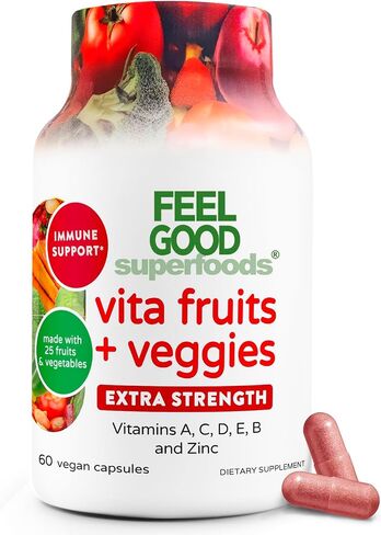 FeelGood Superfoods 1000mg Immune Support Capsules Made with 25 Organic Fruits and Vegetables, Strong Immunity Boosters with Vitamins A, C, D3, and Zinc, 60 Count in Saudi Arabia