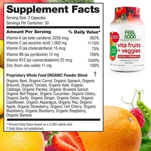 FeelGood Superfoods 1000mg Immune Support Capsules Made with 25 Organic Fruits and Vegetables, Strong Immunity Boosters with Vitamins A, C, D3, and Zinc, 60 Count in Saudi Arabia