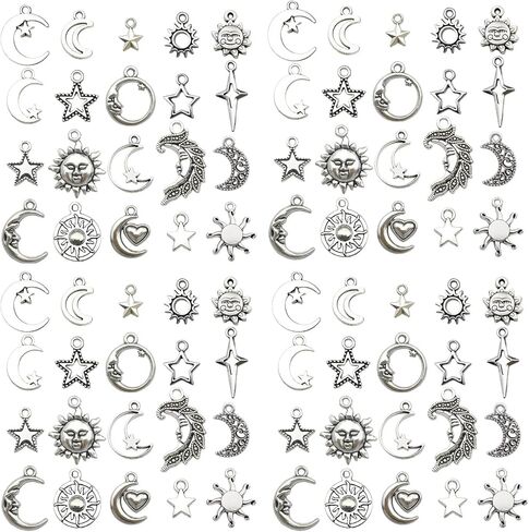 Youdiyla 100pcs Mix Color Craft Supplies Sun Moon Stars Charms Pendants for Crafting, Jewelry Findings Making Accessory for DIY Necklace Bracelet (Bright Silver) in Saudi Arabia