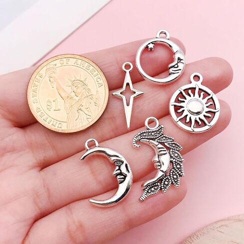 Youdiyla 100pcs Mix Color Craft Supplies Sun Moon Stars Charms Pendants for Crafting, Jewelry Findings Making Accessory for DIY Necklace Bracelet (Bright Silver) in Saudi Arabia