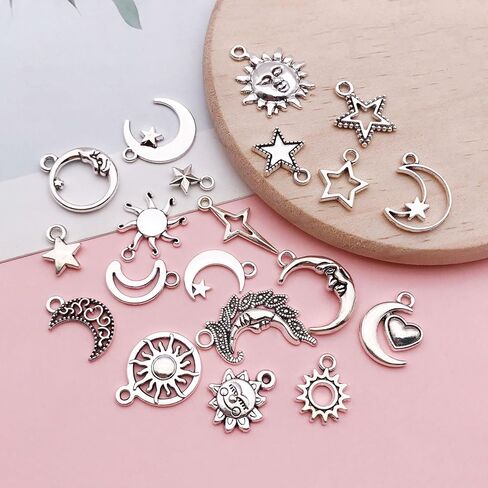 Youdiyla 100pcs Mix Color Craft Supplies Sun Moon Stars Charms Pendants for Crafting, Jewelry Findings Making Accessory for DIY Necklace Bracelet (Bright Silver) in Saudi Arabia