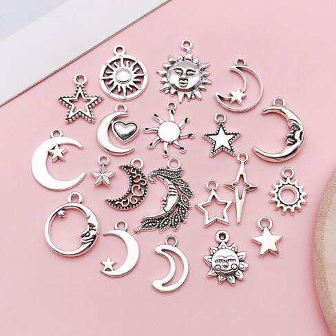 Youdiyla 100pcs Mix Color Craft Supplies Sun Moon Stars Charms Pendants for Crafting, Jewelry Findings Making Accessory for DIY Necklace Bracelet (Bright Silver) in Saudi Arabia