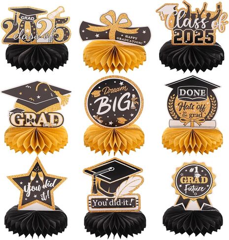9pcs Black Gold Congrats Grad Honeycomb Centerpieces 2025 Graduation Party Table Decorations Class of 2025 You Did it Tabletop Centerpieces Grad Congratulation Party Table Topper Sign Decorations in Saudi Arabia