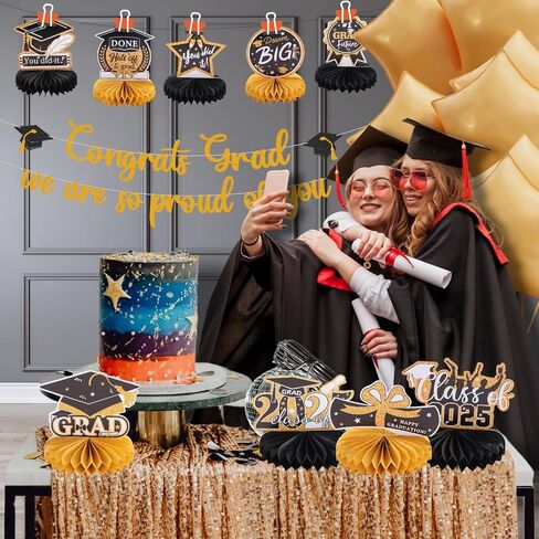 9pcs Black Gold Congrats Grad Honeycomb Centerpieces 2025 Graduation Party Table Decorations Class of 2025 You Did it Tabletop Centerpieces Grad Congratulation Party Table Topper Sign Decorations in Saudi Arabia