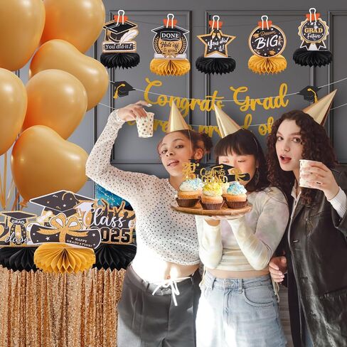 9pcs Black Gold Congrats Grad Honeycomb Centerpieces 2025 Graduation Party Table Decorations Class of 2025 You Did it Tabletop Centerpieces Grad Congratulation Party Table Topper Sign Decorations in Saudi Arabia