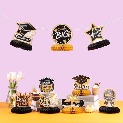 9pcs Black Gold Congrats Grad Honeycomb Centerpieces 2025 Graduation Party Table Decorations Class of 2025 You Did it Tabletop Centerpieces Grad Congratulation Party Table Topper Sign Decorations in Saudi Arabia