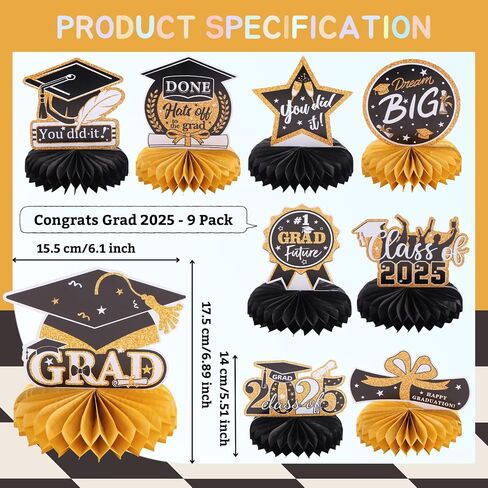 9pcs Black Gold Congrats Grad Honeycomb Centerpieces 2025 Graduation Party Table Decorations Class of 2025 You Did it Tabletop Centerpieces Grad Congratulation Party Table Topper Sign Decorations in Saudi Arabia