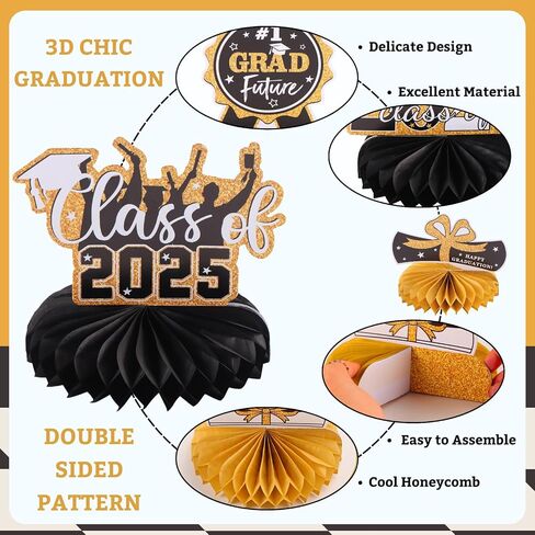 9pcs Black Gold Congrats Grad Honeycomb Centerpieces 2025 Graduation Party Table Decorations Class of 2025 You Did it Tabletop Centerpieces Grad Congratulation Party Table Topper Sign Decorations in Saudi Arabia
