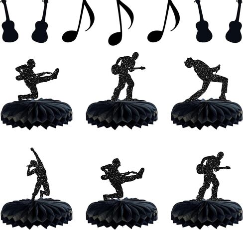 Gyufise 8pcs Music Honeycomb Table Concerte Black Glitter Rock Pop Music Thauge Toppers Honeycomb Centerples for Music Music Form in Kuwait