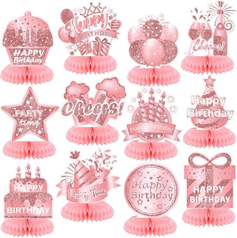 Kosiz 12 PCS Pink Rose Gold Birthday Decorations عيد ميلاد سعيد Honeycomb Countepiece Cheers Pink Rose Gold Tablers Toppers Decorations for Women Party Forms Suppors in Kuwait